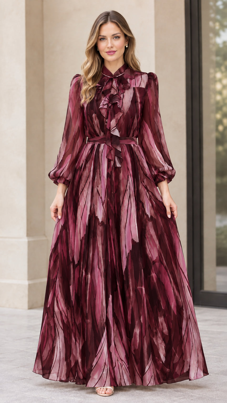 Front view of burgundy red brushstroke print elegant evening maxi dress