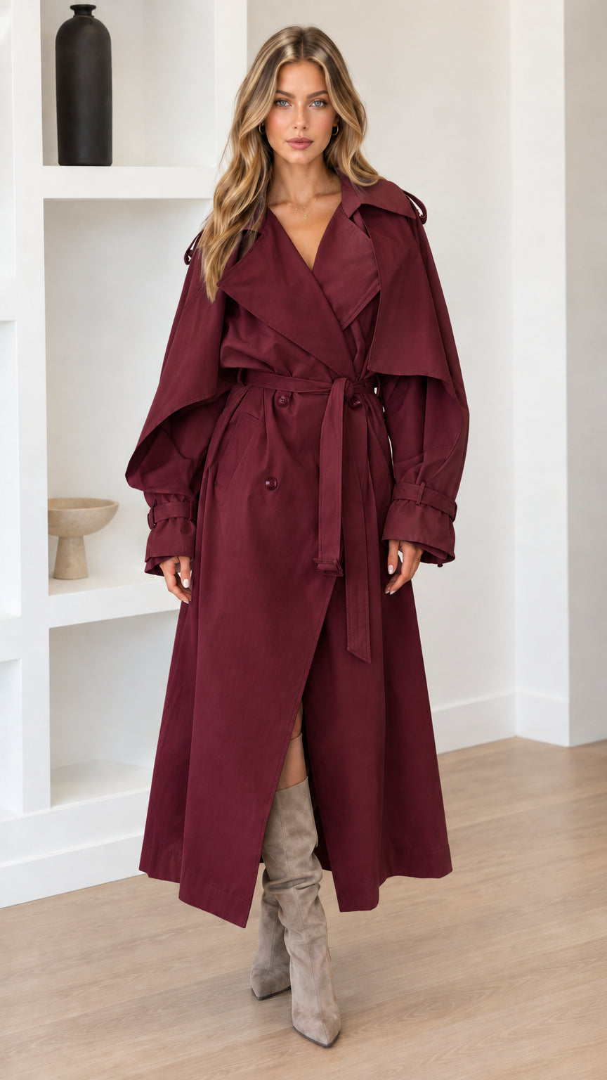 Full-length view of woman wearing Burgundy wine red maxi trench coat