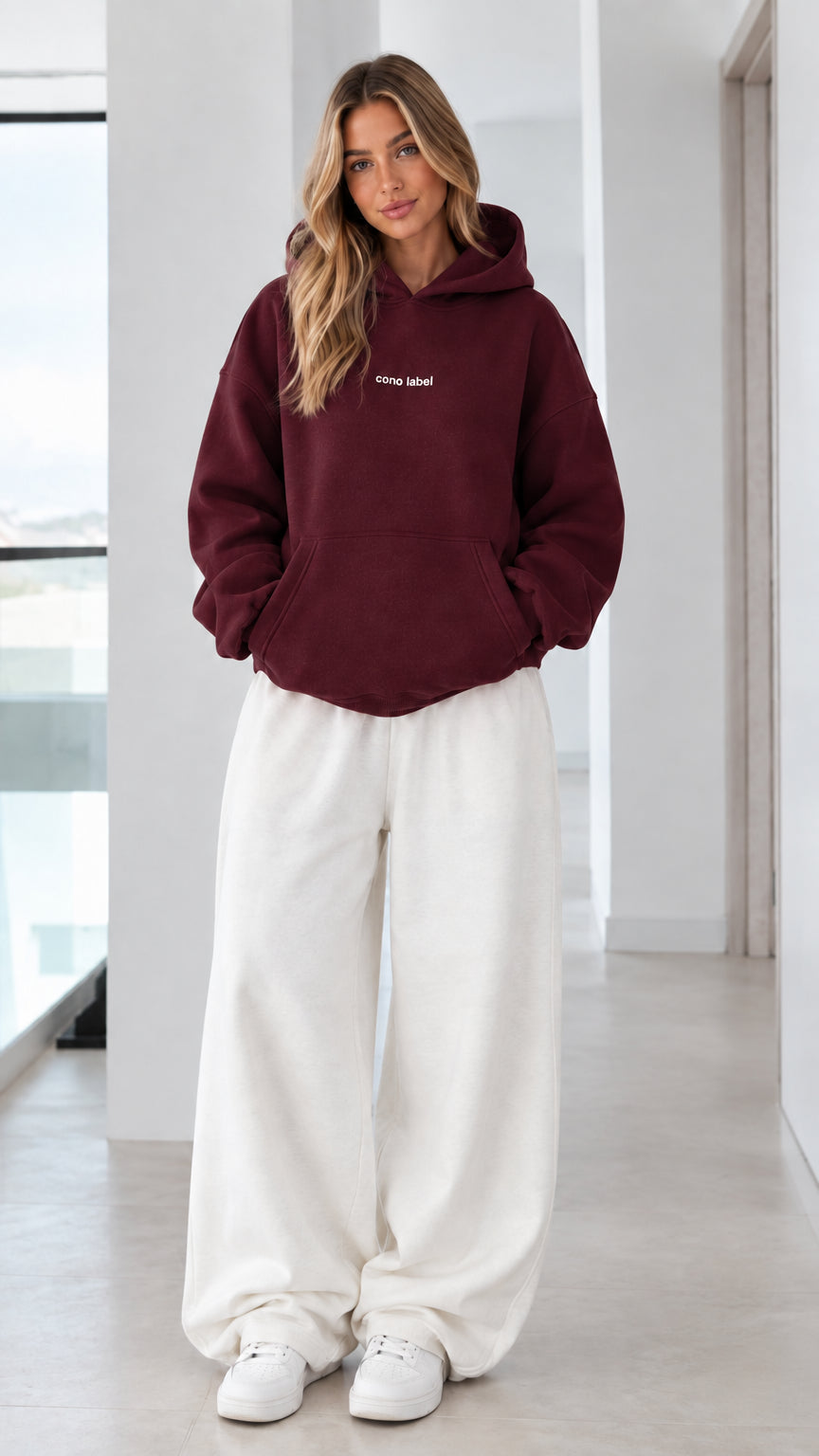Women's burgundy wine red pullover hoodie on model