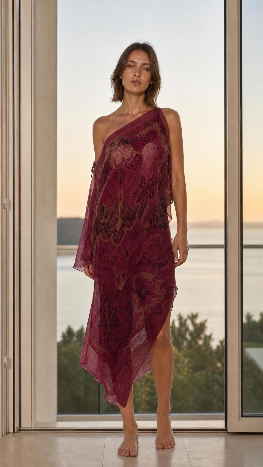 Model wearing burgundy paisley one-shoulder maxi dress