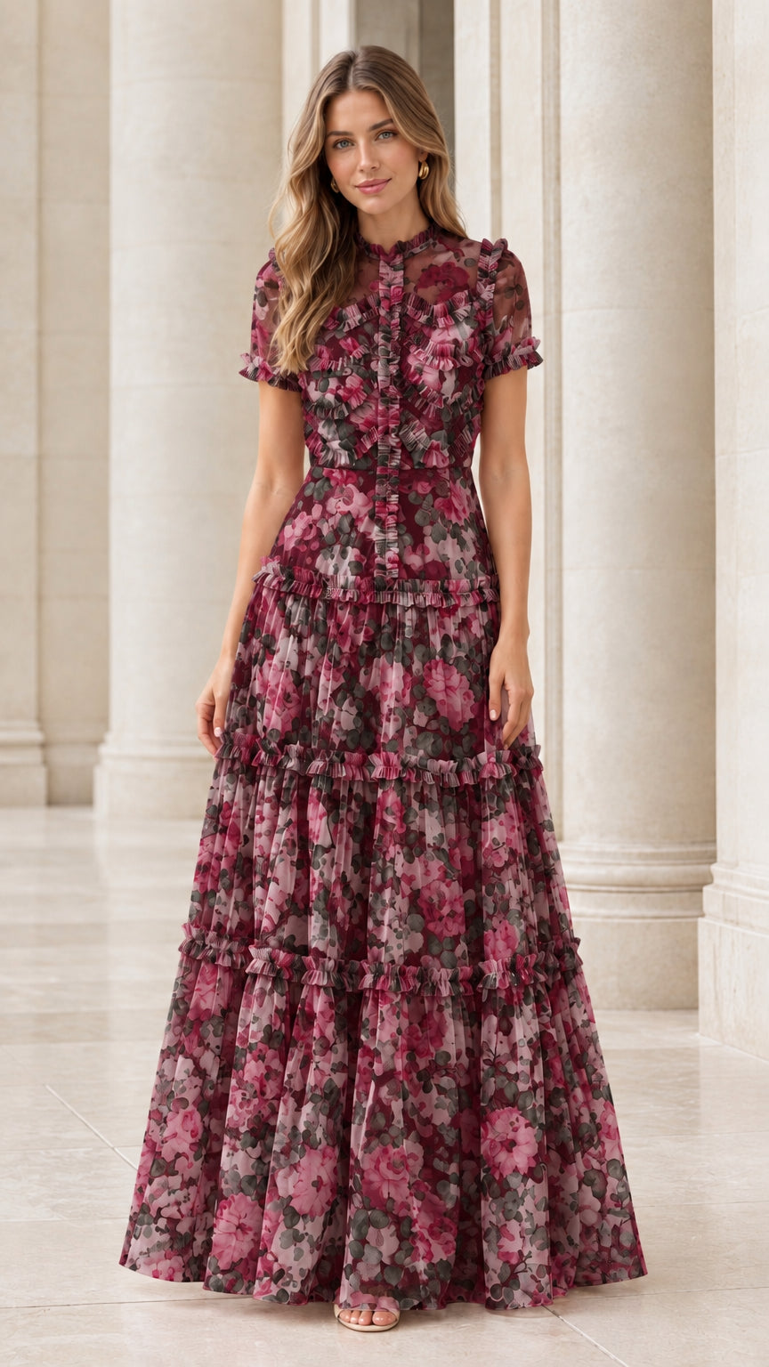 Front full view of the burgundy wine floral ruffle tiered maxi dress