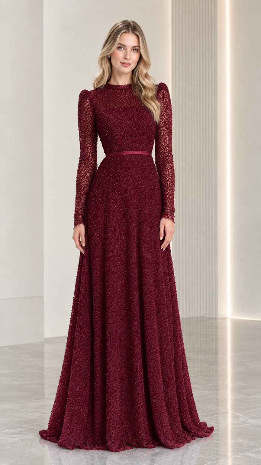 Full-length burgundy wine illusion neck formal gown