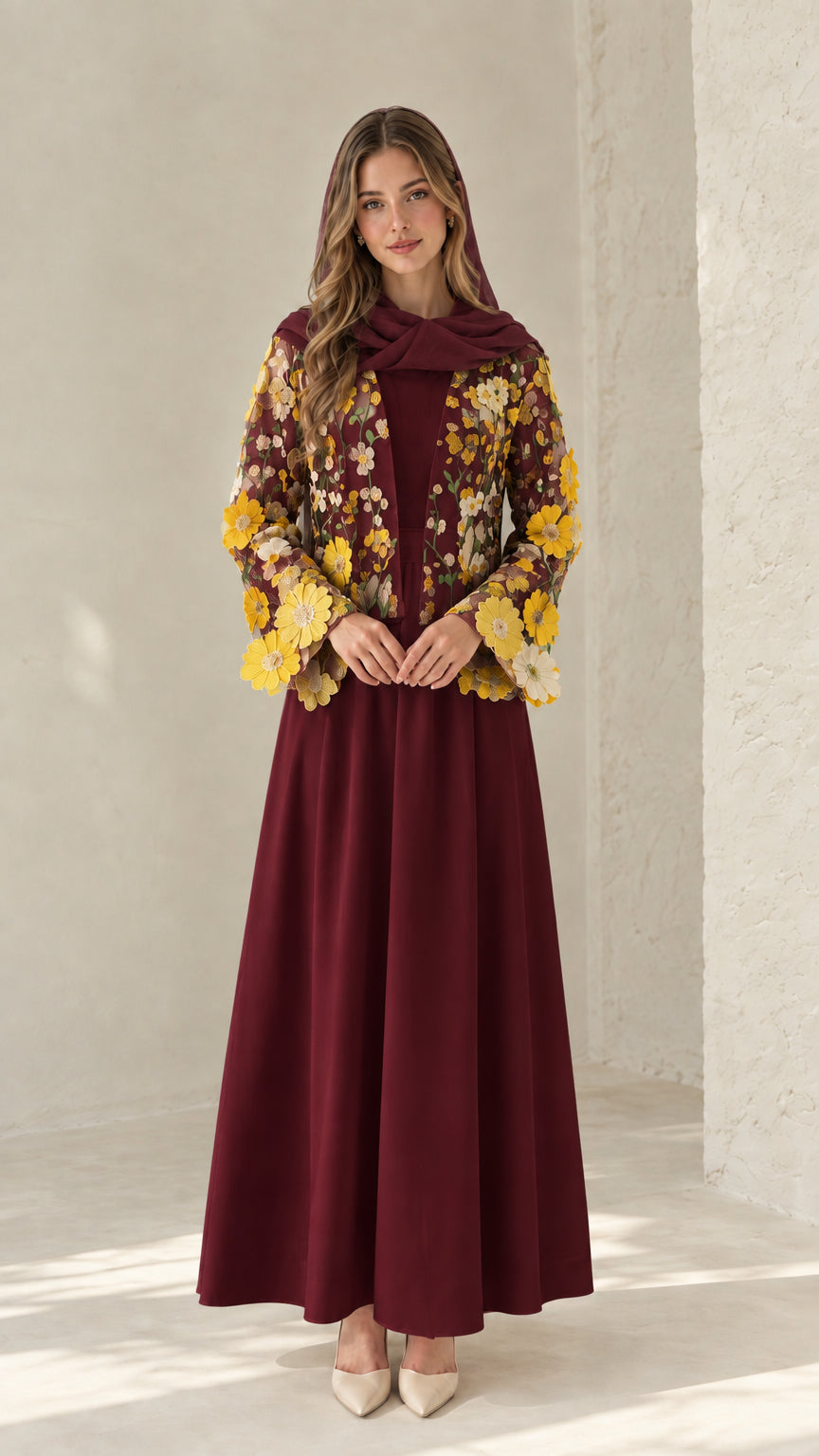 Burgundy wine red modest maxi dress set with embroidered floral lace cardigan