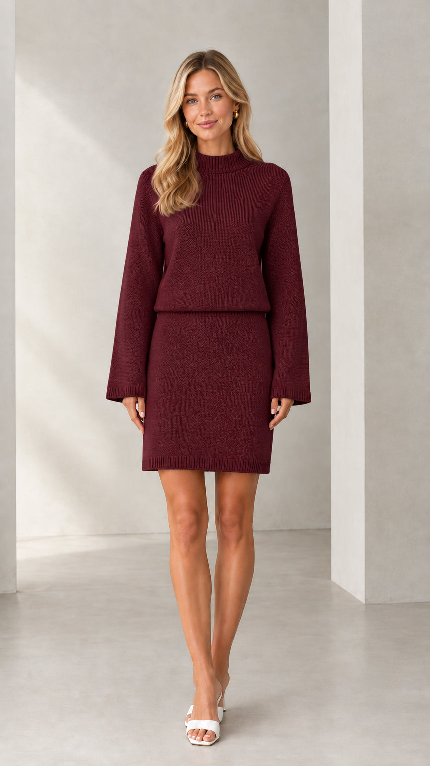 Front view of woman wearing burgundy knit sweater and mini skirt two-piece set