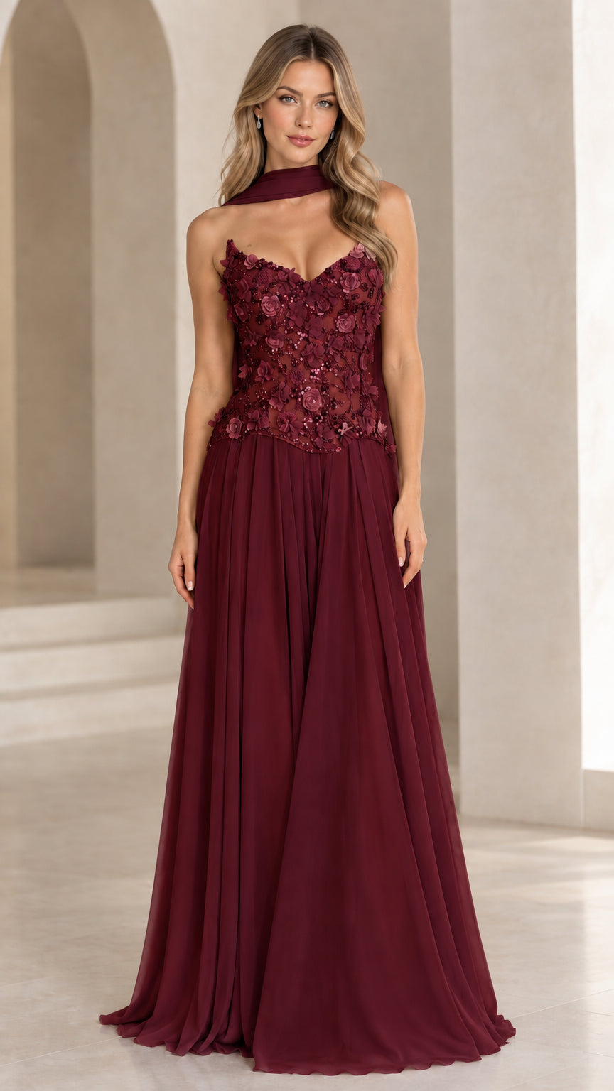 Model wearing Burgundy red floral appliqué floor-length chiffon formal gown