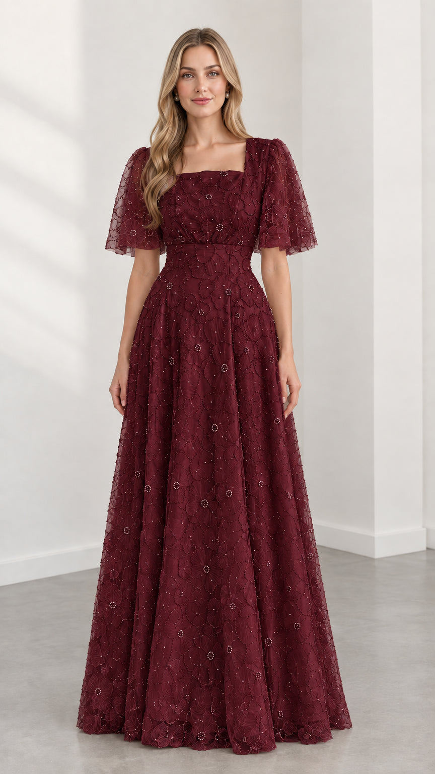 Full-length burgundy wine red embroidered lace square neck evening gown