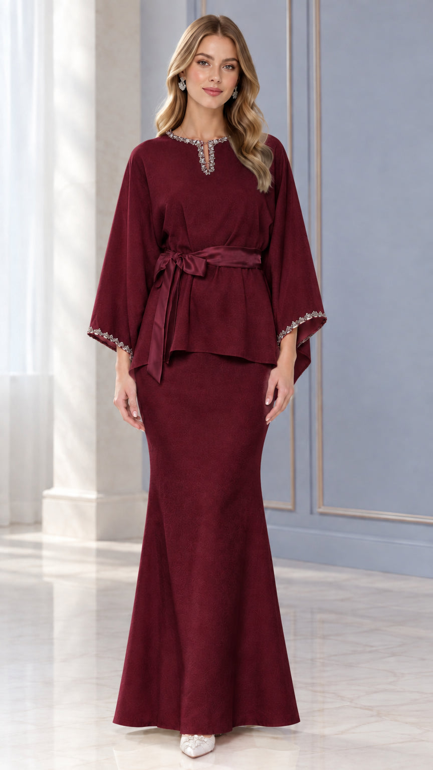 Full-length view of Burgundy embellished wide sleeve maxi skirt two-piece set