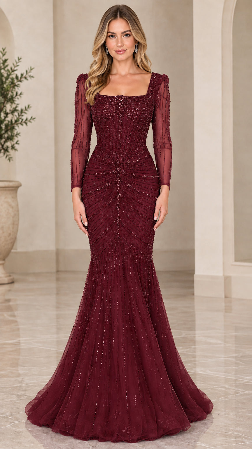 Burgundy wine long sleeve beaded mermaid evening gown