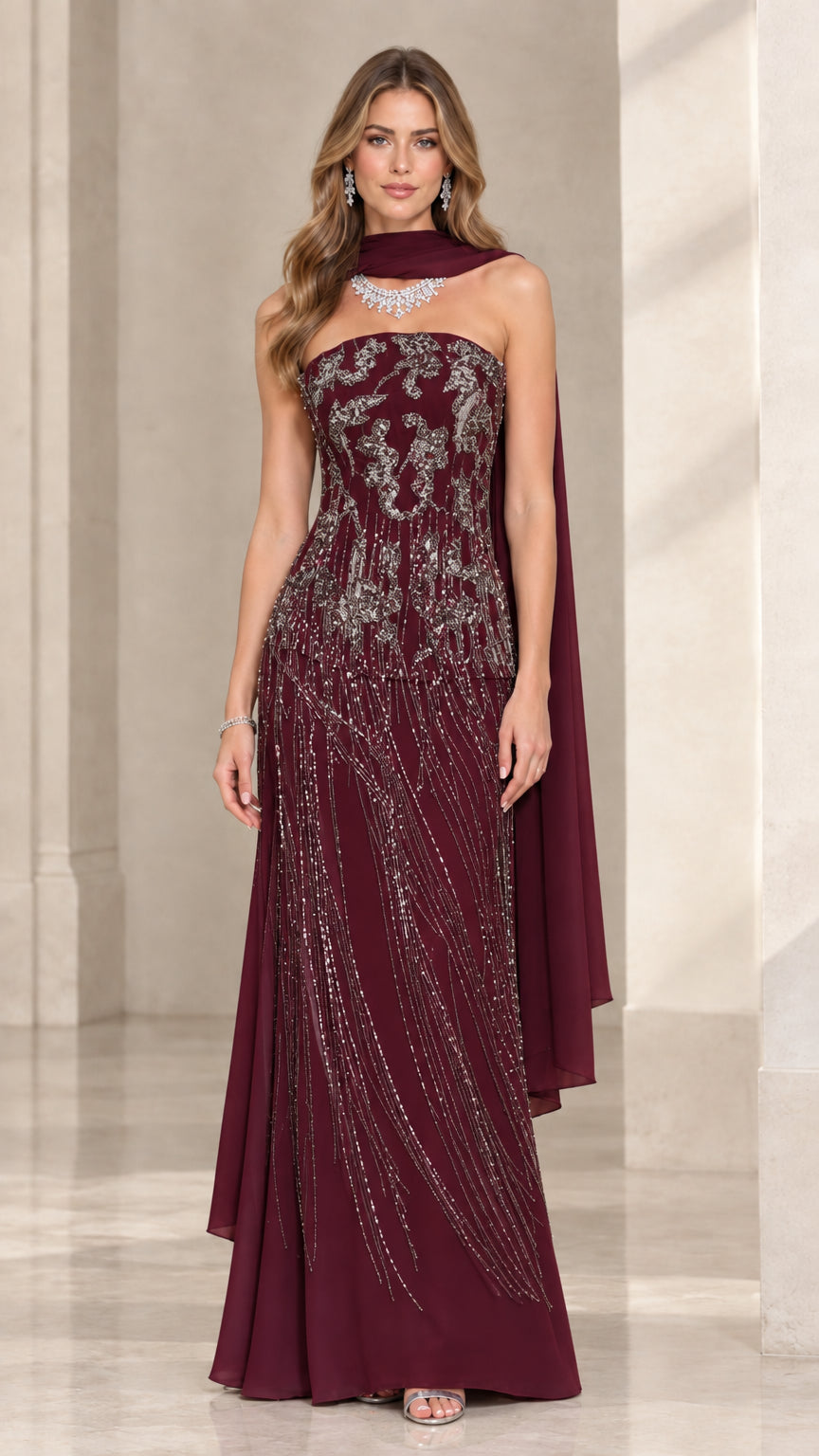 Burgundy wine red embellished strapless evening gown with sheer drape