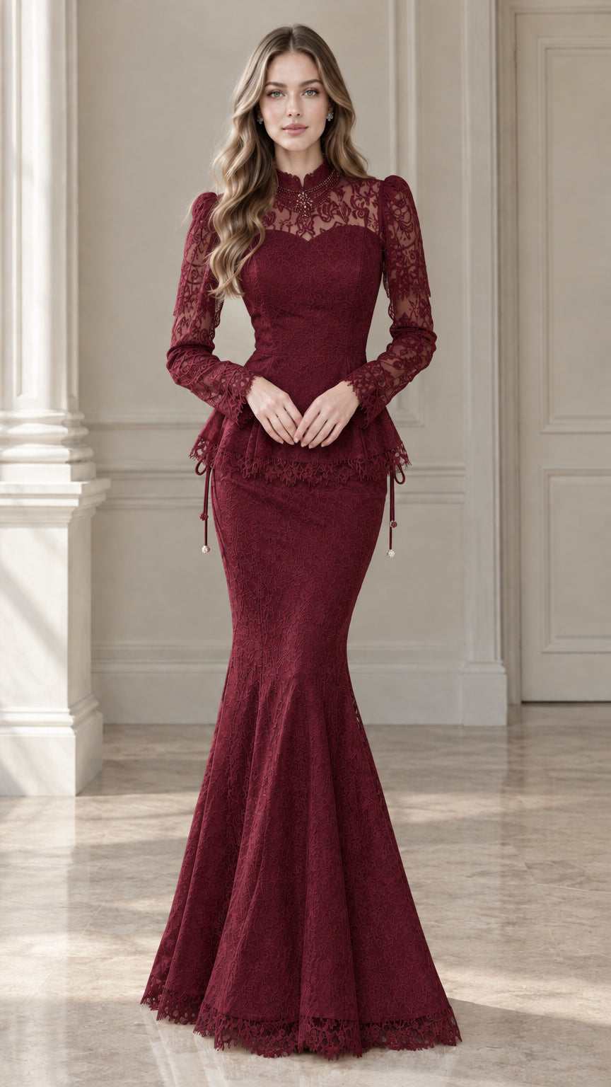 Full-length view of burgundy red long sleeve lace peplum mermaid formal dress