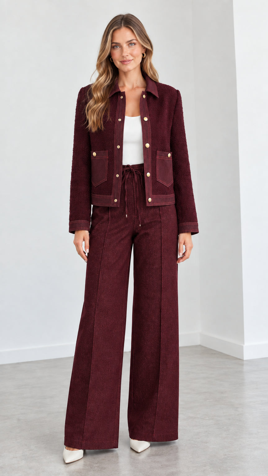 Women's burgundy wine red textured two piece pant suit set