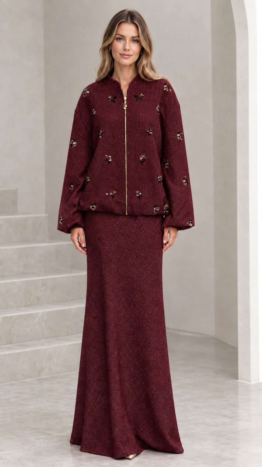 Full-length view of burgundy wine beaded tweed jacket and maxi skirt set