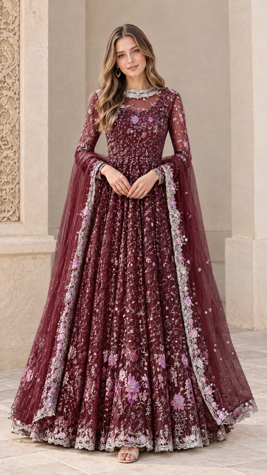 Wine burgundy embroidered maxi formal gown with sheer illusion yoke
