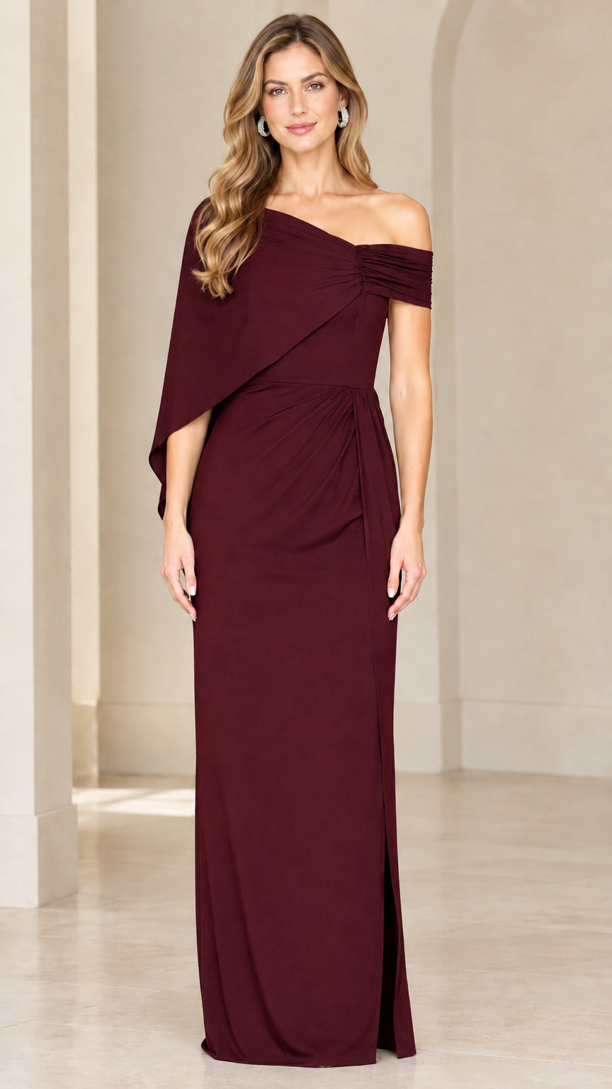 Burgundy wine one-shoulder drape evening gown on model