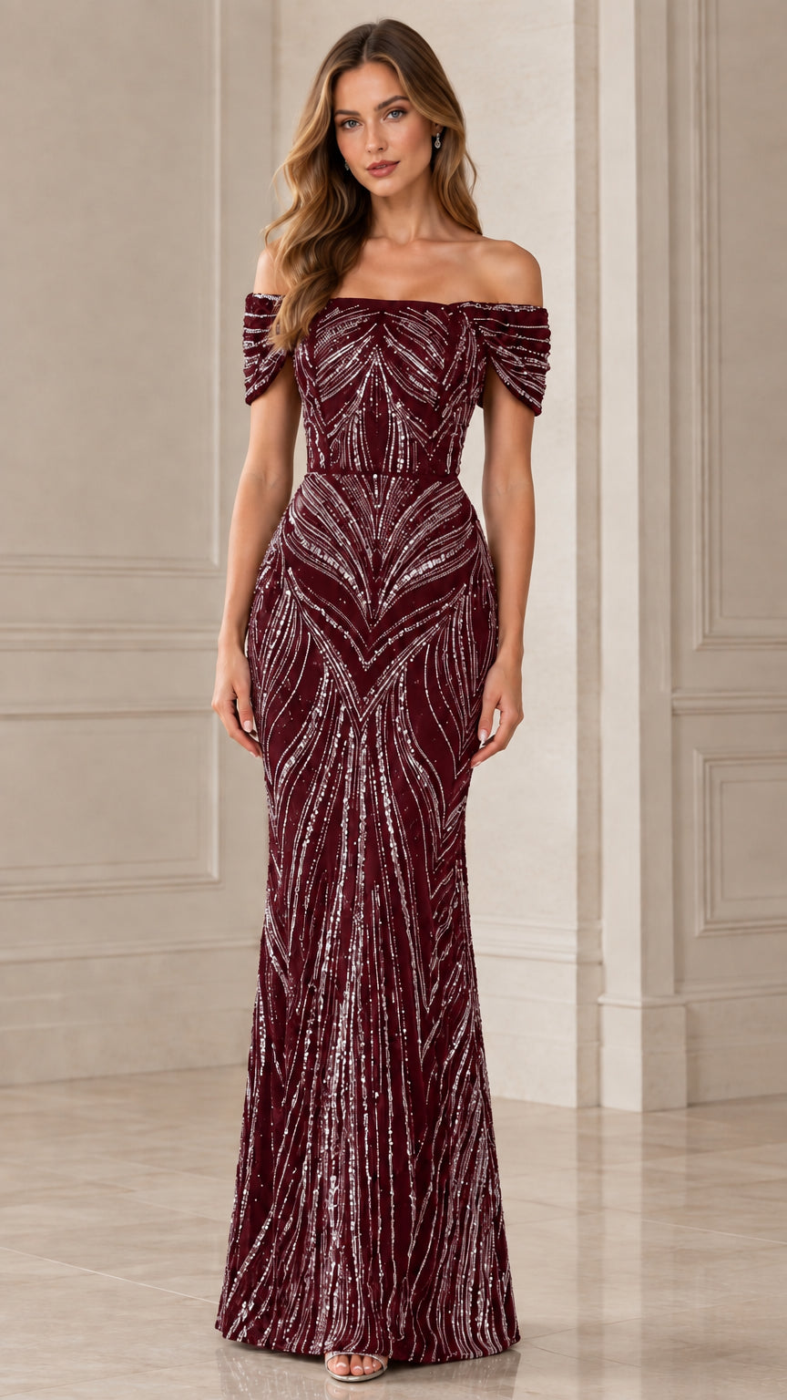 Front view of model in burgundy wine red sequin off-the-shoulder mermaid gown