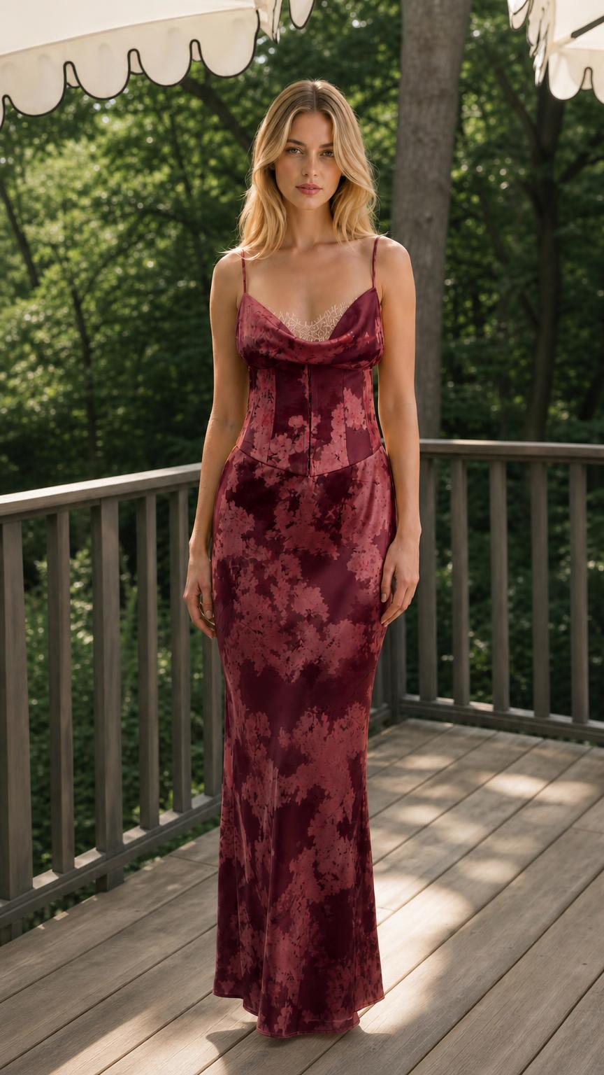 Burgundy variant of the corset maxi dress