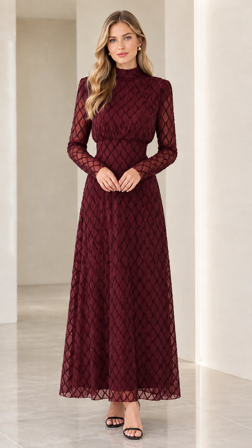 Front full view of woman wearing burgundy wine red geometric long sleeve maxi dress