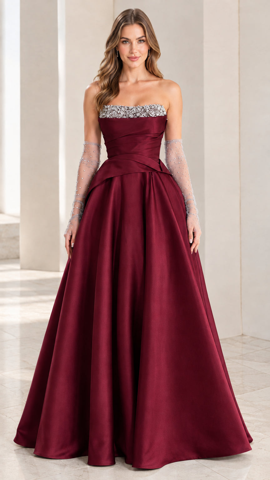 Burgundy wine strapless satin formal gown floor-length silhouette