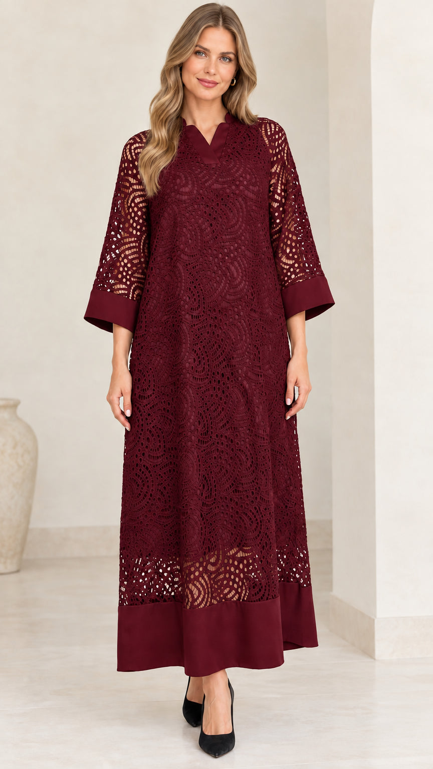 Model wearing burgundy wine red lace overlay maxi dress