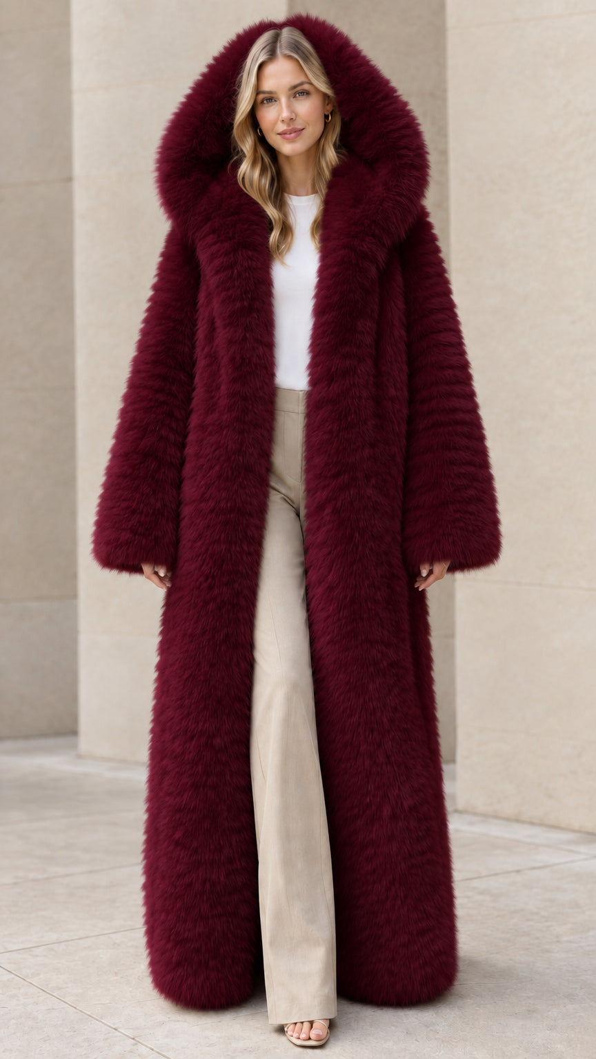Women's burgundy wine red long hooded plush faux fur maxi coat