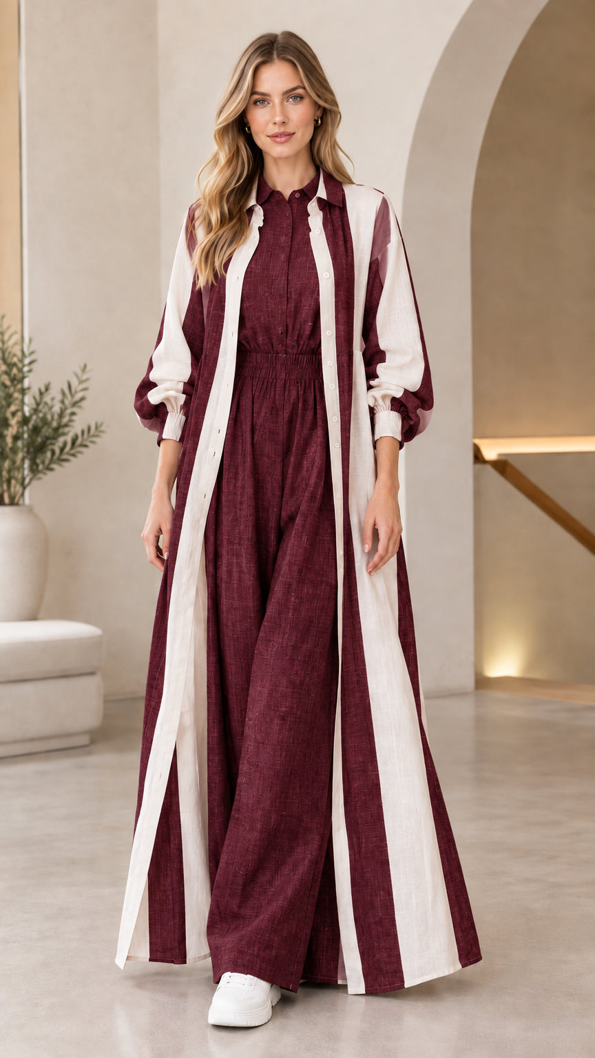 Full front view of burgundy wine red collared jumpsuit and striped maxi duster set