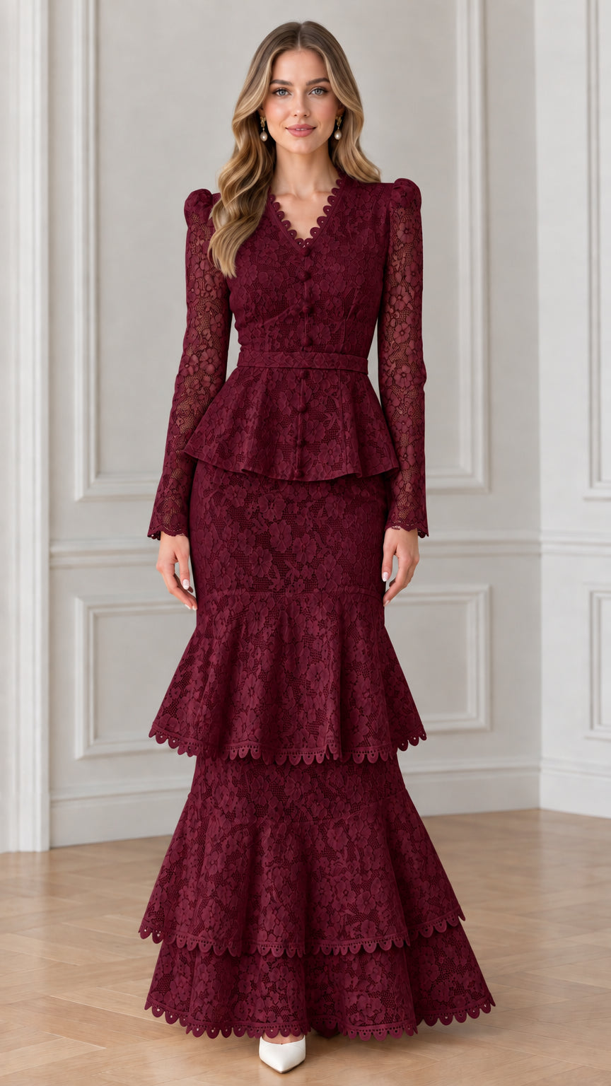 Front view of woman wearing burgundy wine lace tiered peplum formal gown