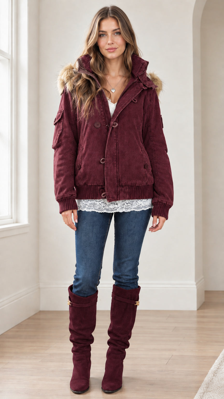 Front view of woman wearing Burgundy faux fur hooded utility bomber jacket