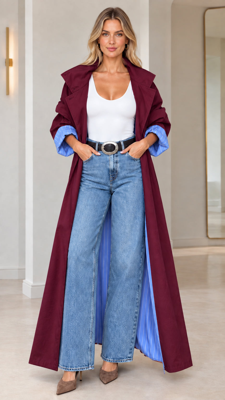 Full front view of burgundy wine maxi trench coat with blue striped cuff details
