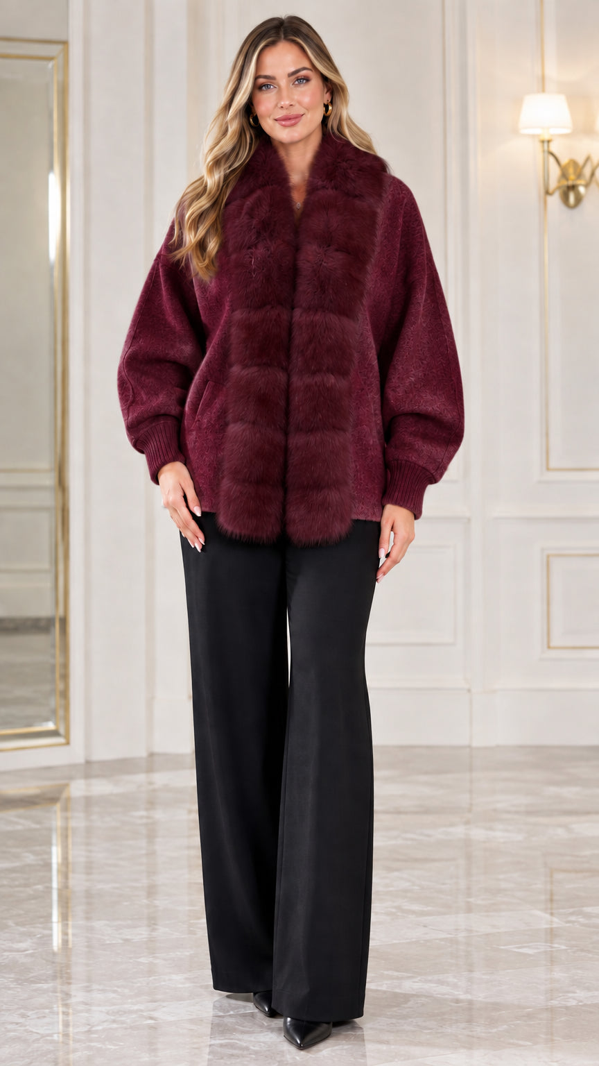Women's rich burgundy wine red knit jacket with plush faux fur trim