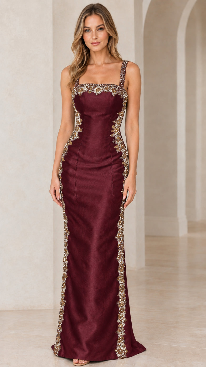 Front view of woman wearing Burgundy wine satin maxi dress with gold beaded embroidery