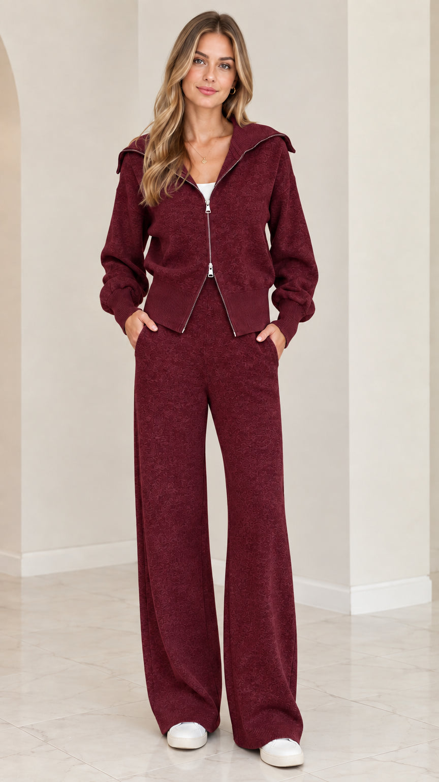 Front view of woman wearing burgundy wine 2-piece knit loungewear set