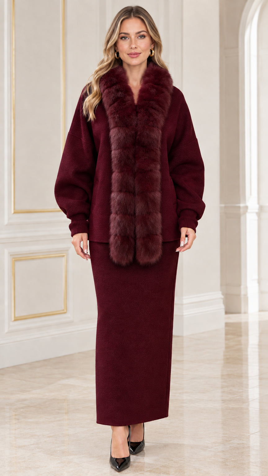 Burgundy wine faux fur trimmed cardigan and maxi column skirt set