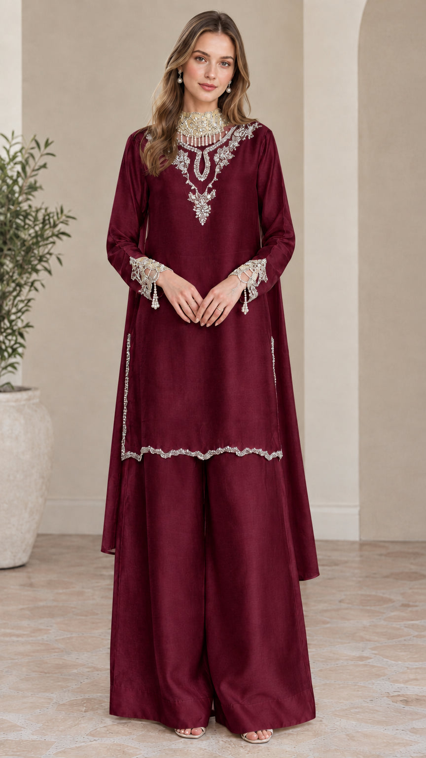 Front view of burgundy wine red embellished tunic and matching wide leg pants set
