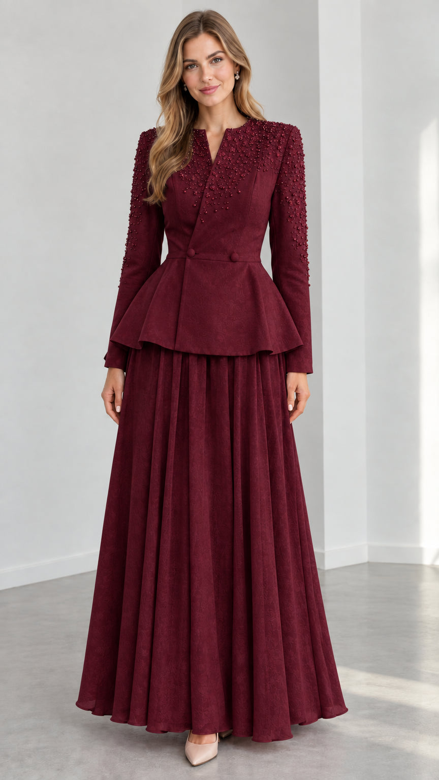 Burgundy wine red formal two-piece peplum gown with beadwork