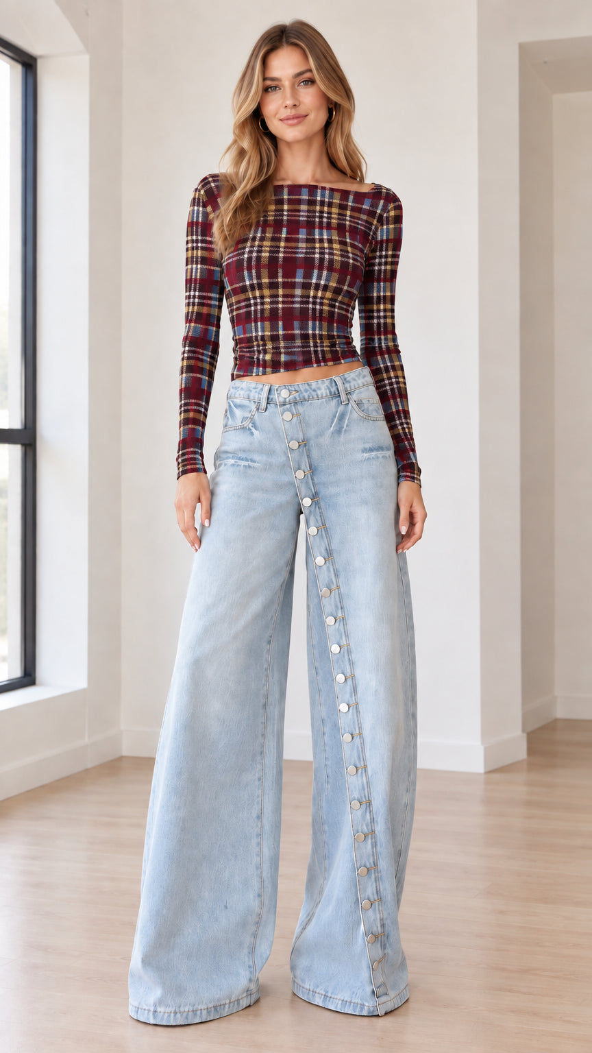 Model wearing Burgundy Plaid long sleeve boatneck crop top