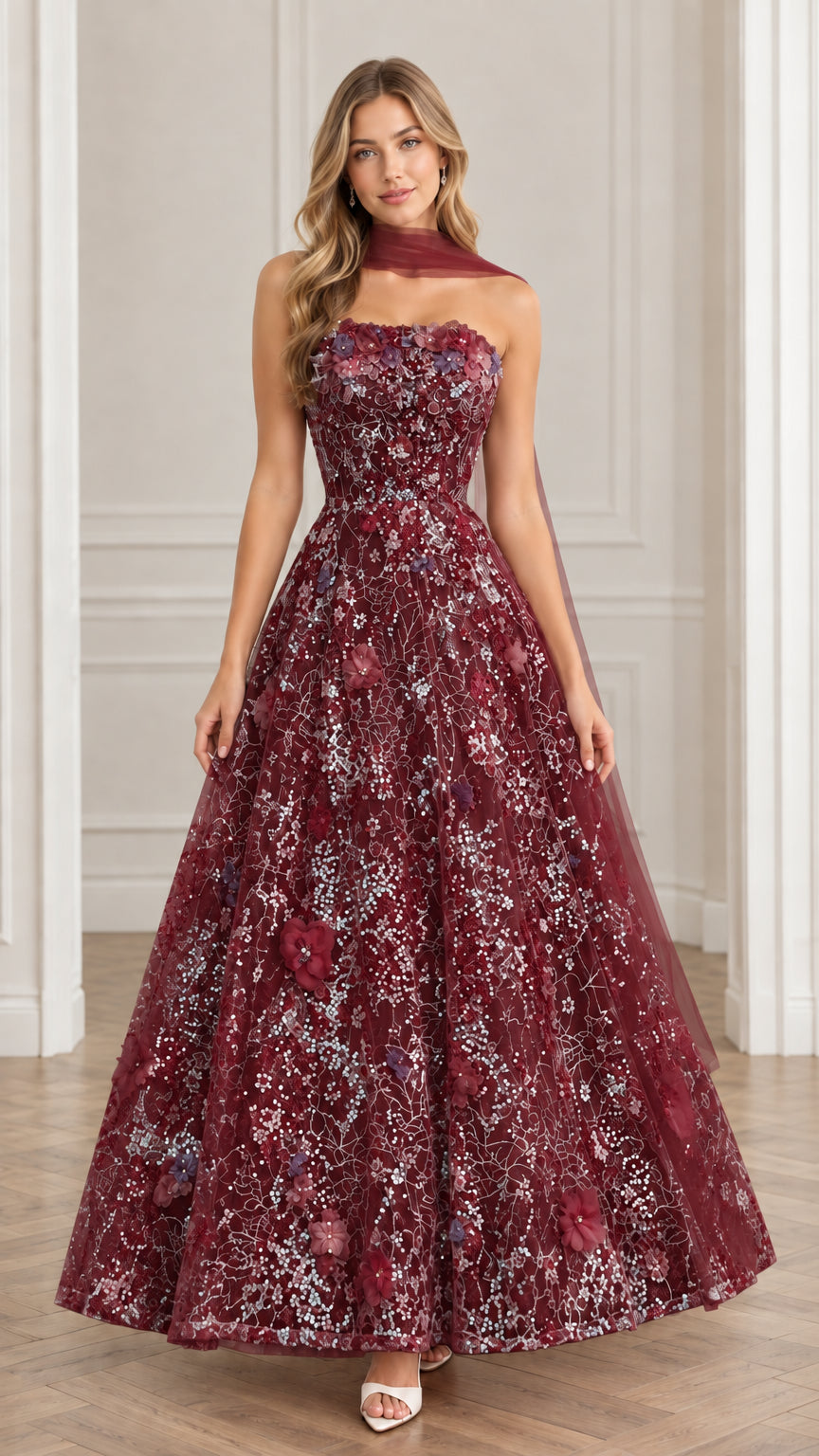 Full-length view of model wearing Burgundy wine red floral sequin formal maxi dress