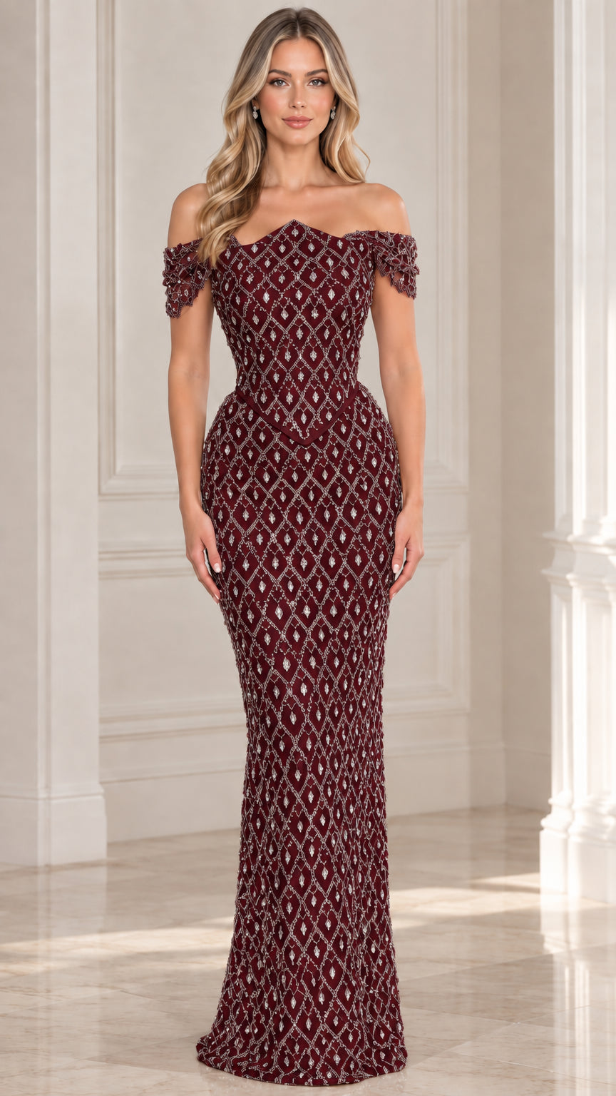 Front view of burgundy wine beaded off-the-shoulder evening dress