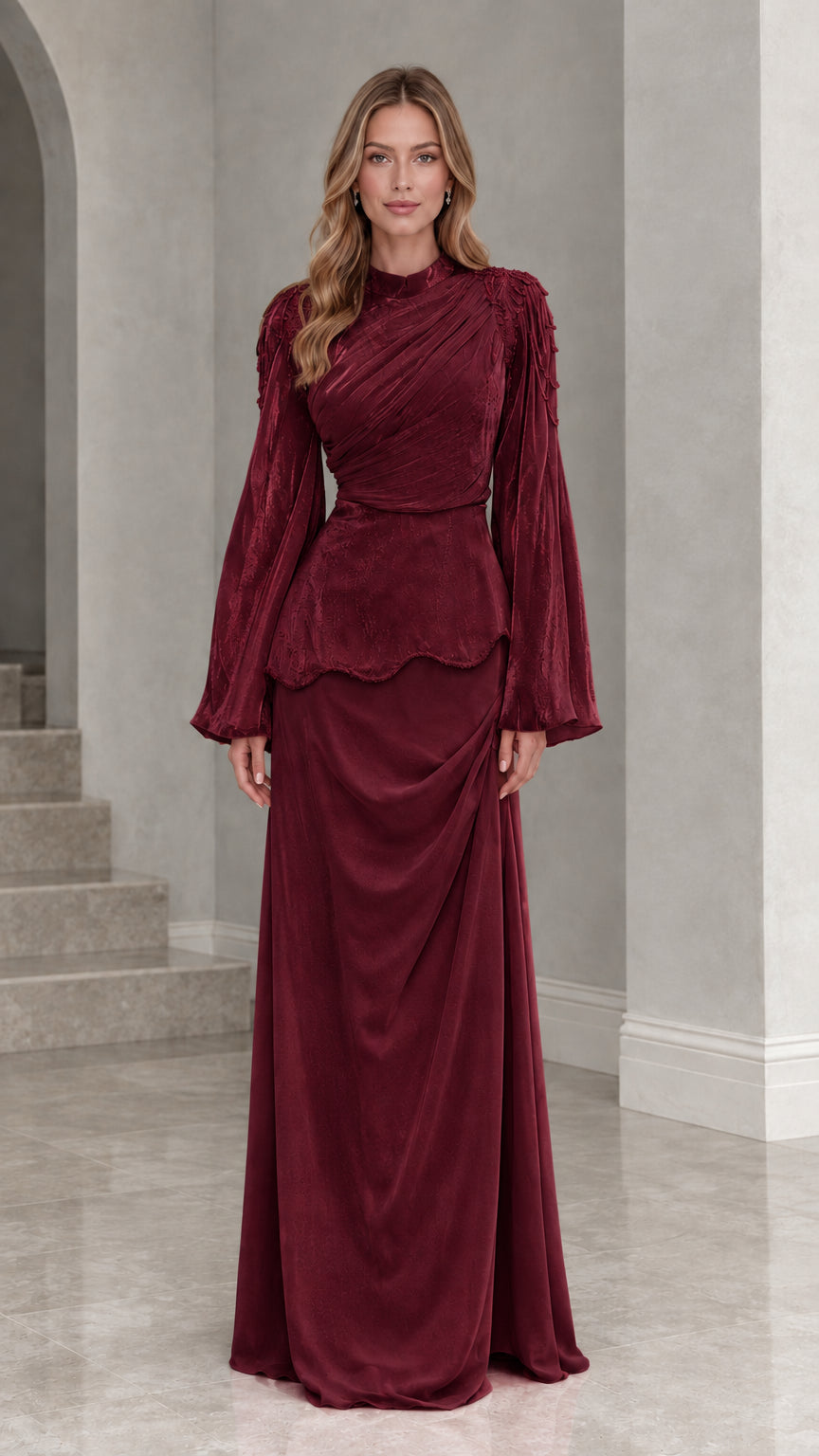 Burgundy long sleeve high neck peplum maxi dress