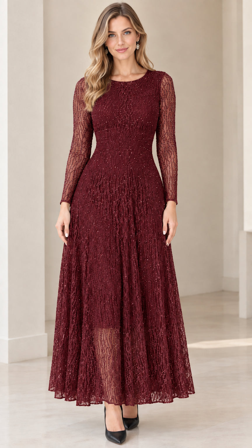 Front view of woman wearing Burgundy wine red lace maxi gown