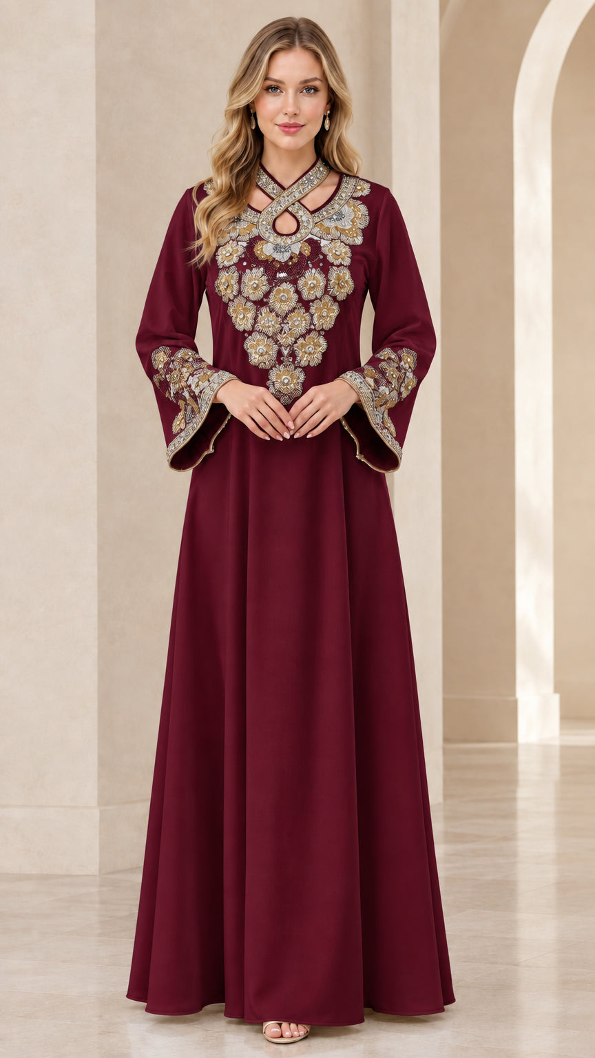 Burgundy wine formal kaftan dress with detailed beaded keyhole neckline