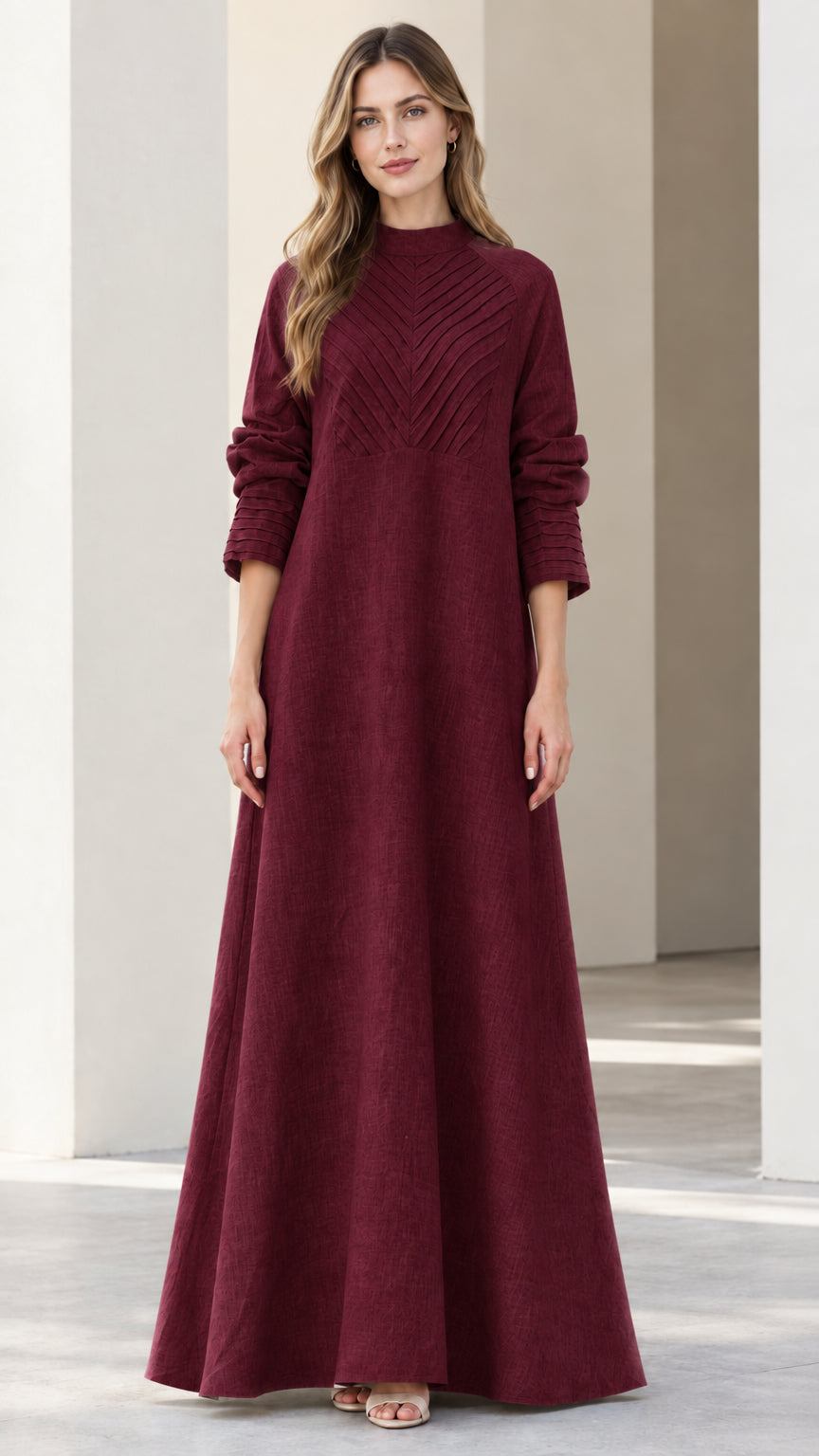 Front view of rich burgundy red pleated front mock neck maxi dress