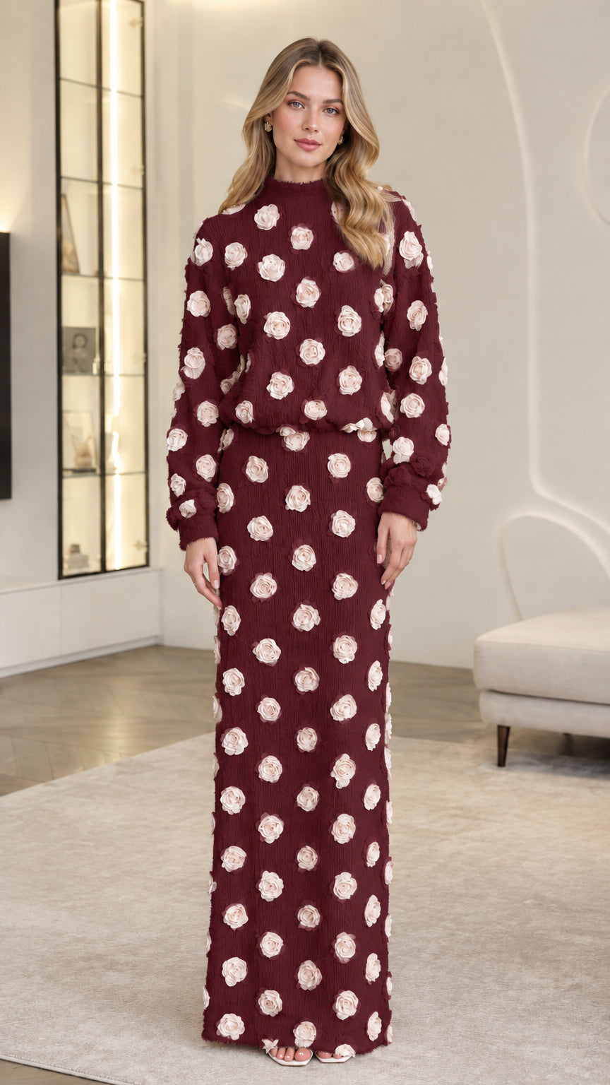 Front full-length view of woman wearing Burgundy wine 3D floral appliqué matching set
