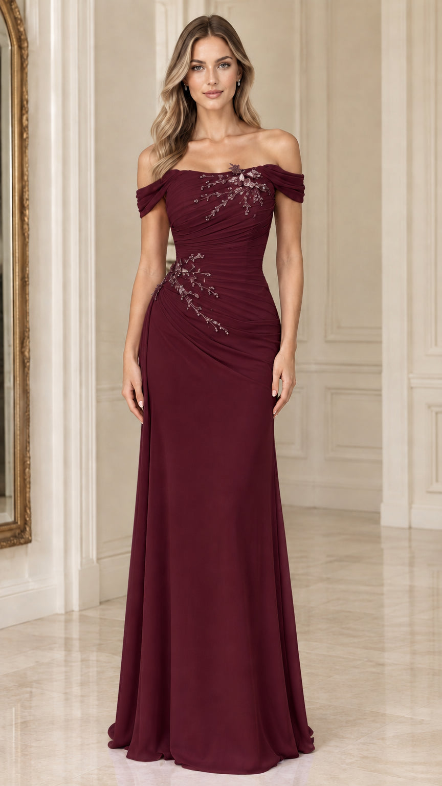 Woman wearing a burgundy off-the-shoulder beaded ruched formal evening gown
