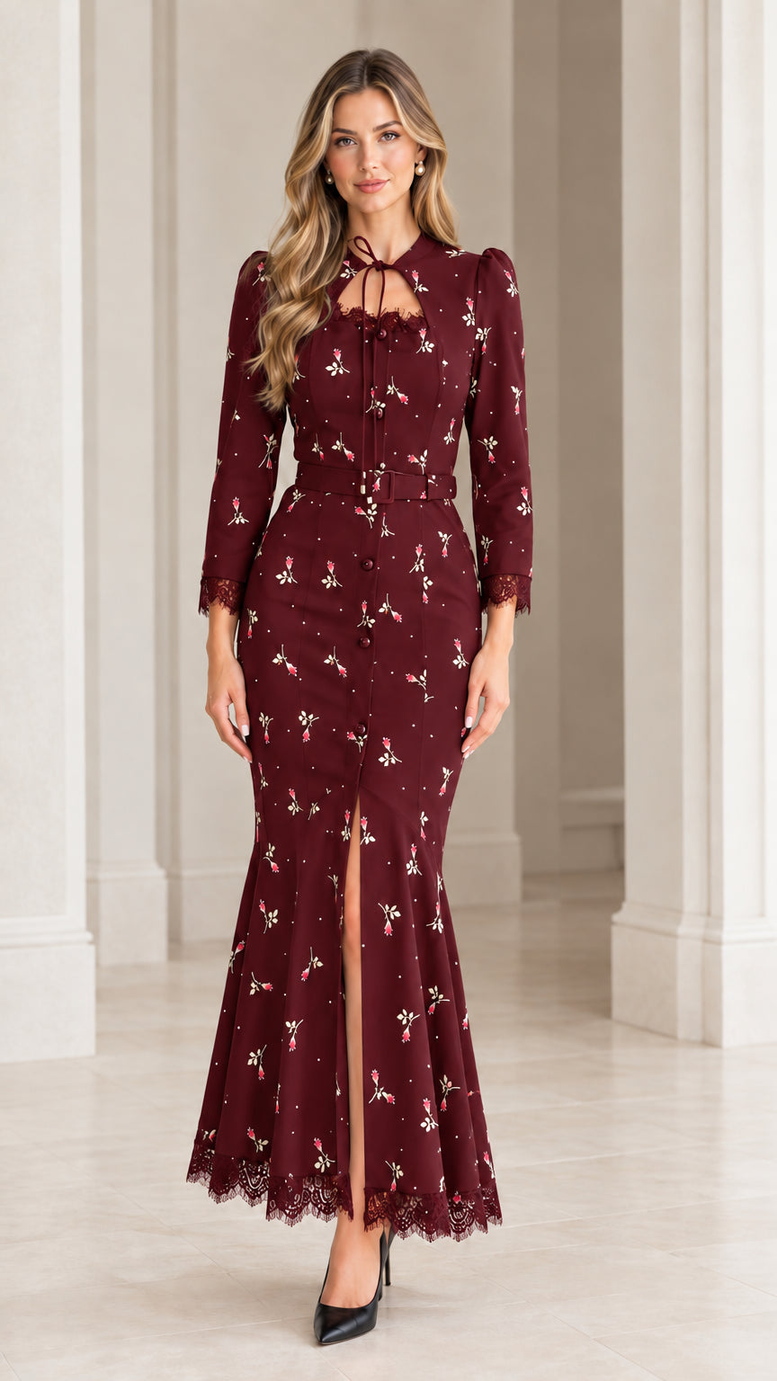 Burgundy wine floral mermaid maxi dress with matching belt and lace accents