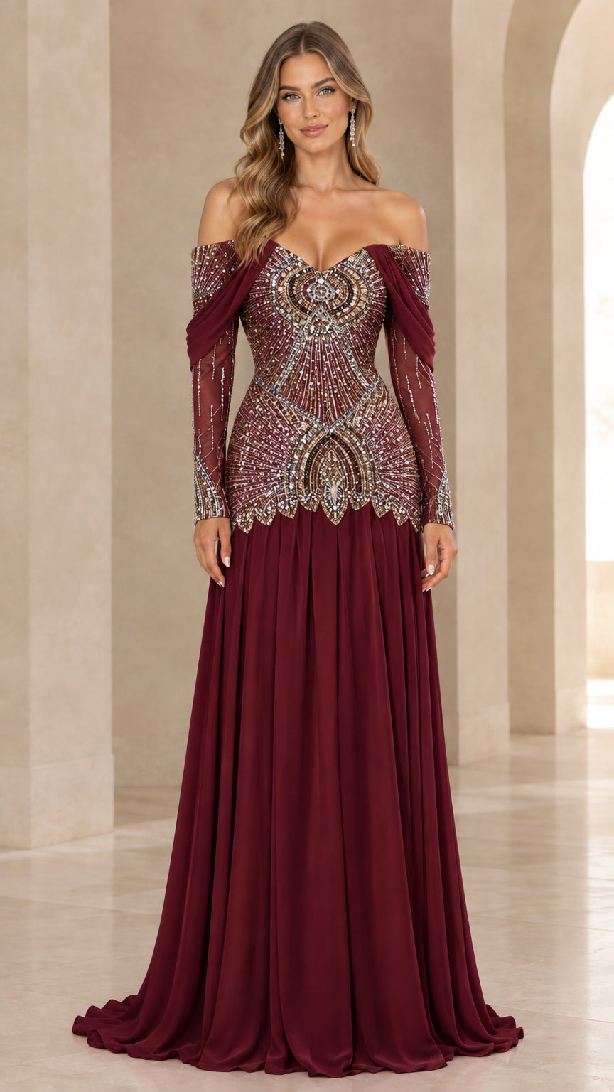 Front view of burgundy wine embellished long-sleeve formal dress