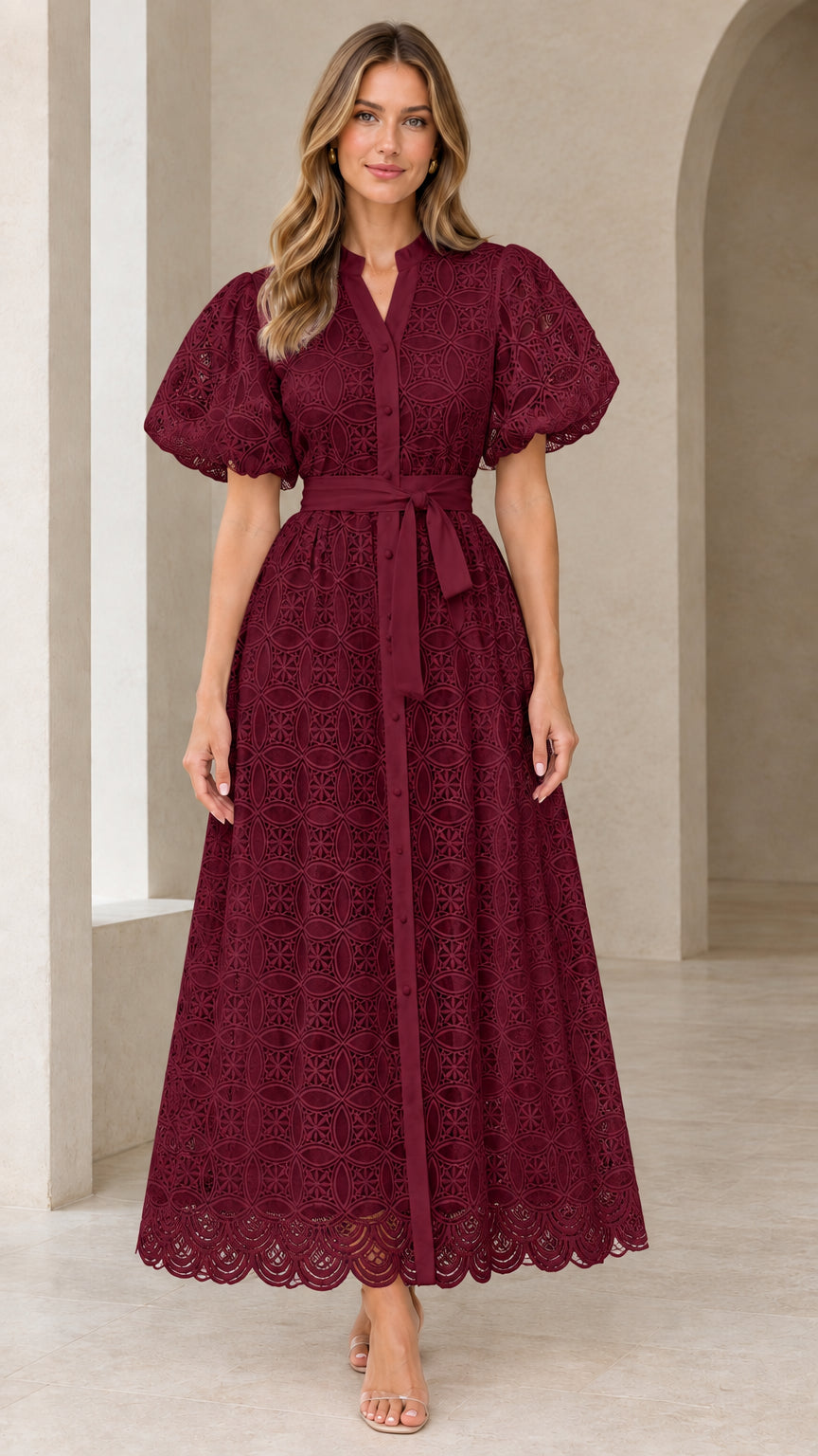 Front view of model wearing burgundy wine red puff sleeve lace maxi dress