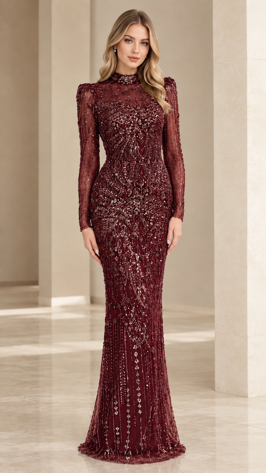 Full-length front view of woman wearing burgundy wine sequin maxi formal gown