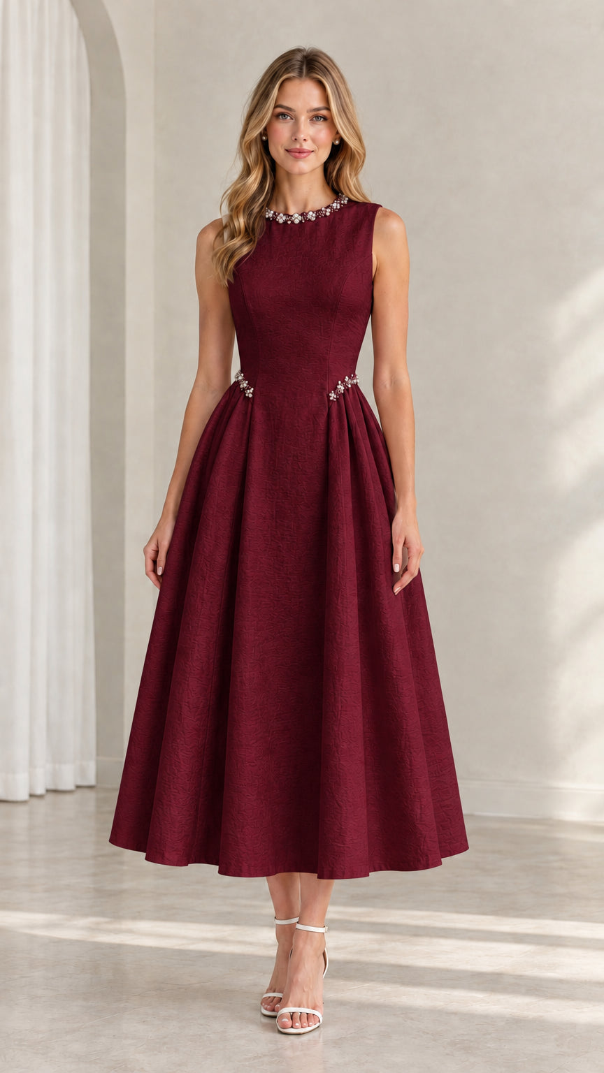 Model wearing burgundy red sleeveless pleated A-line midi dress