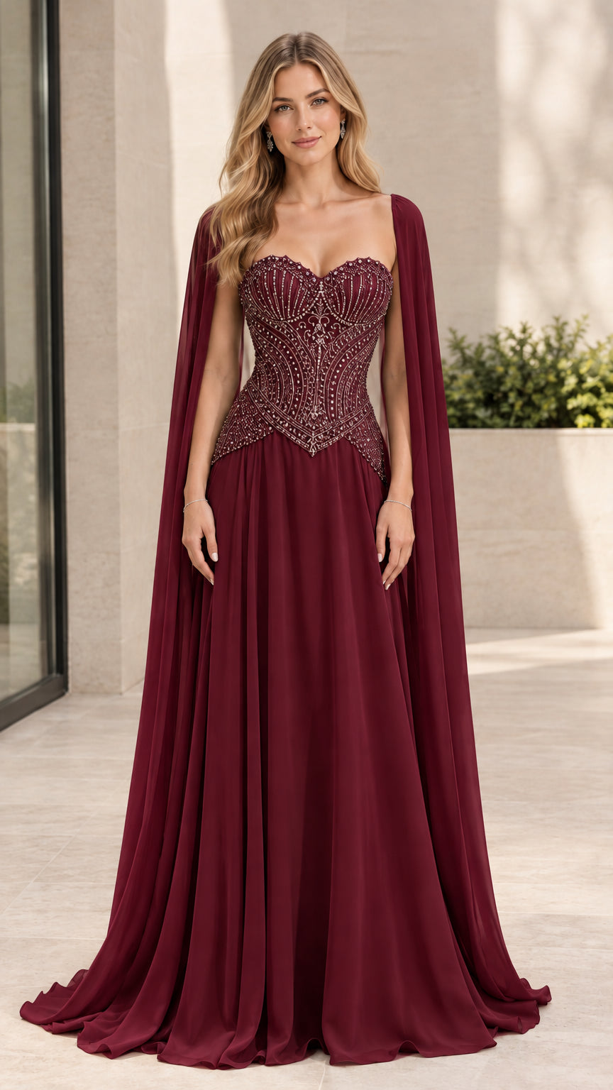 Front view of burgundy red beaded corset floor length evening dress