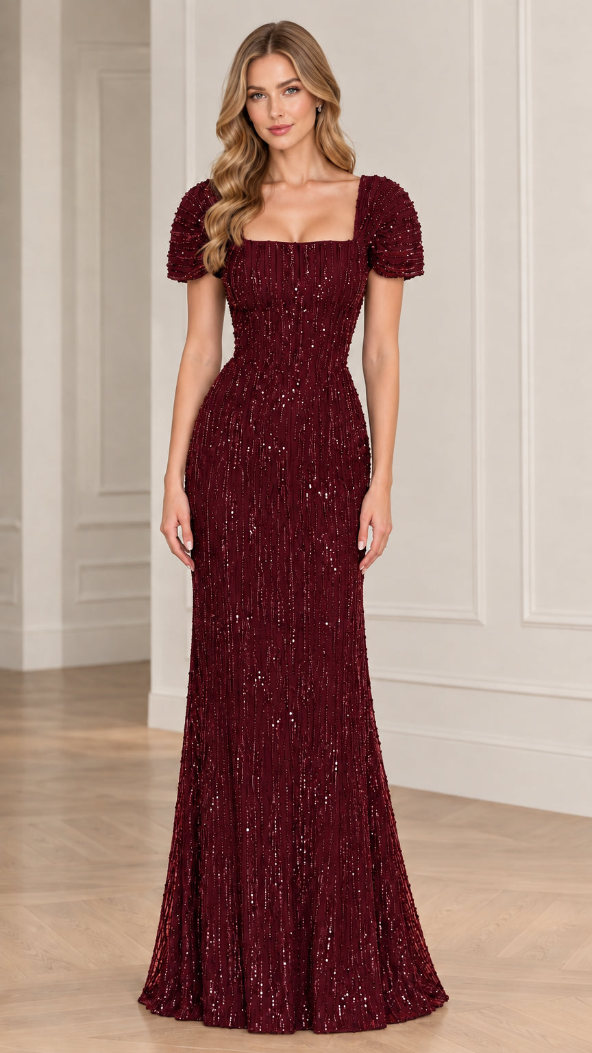 Full front view of burgundy wine sequin floor-length formal dress